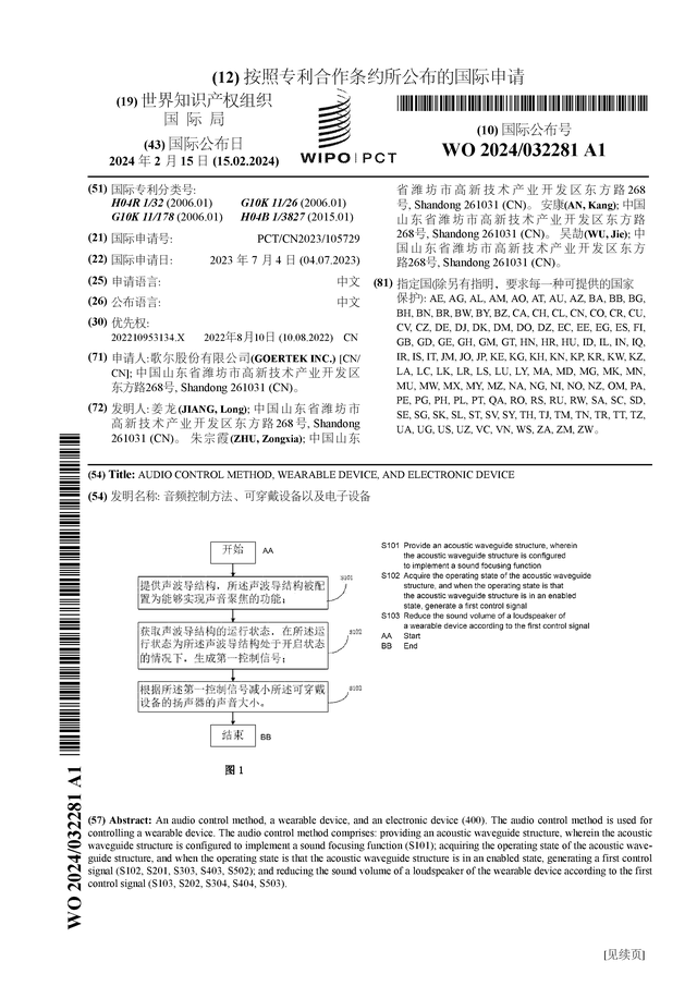 多宝体育app官网：歌尔股份公布国际专利申请：“音频控制方法、可穿戴设备以及电子设备”(图1)