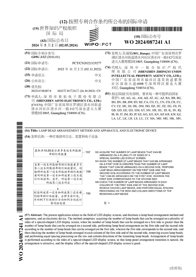 多宝体育app官网：奥拓电子公布国际专利申请：“一种灯珠排列方法、装置和电子设备”(图1)